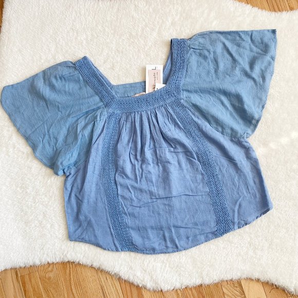 Philosophy Tops - Philosophy, Women's Boho Short Sleeve Square Neck, Blue, Size L